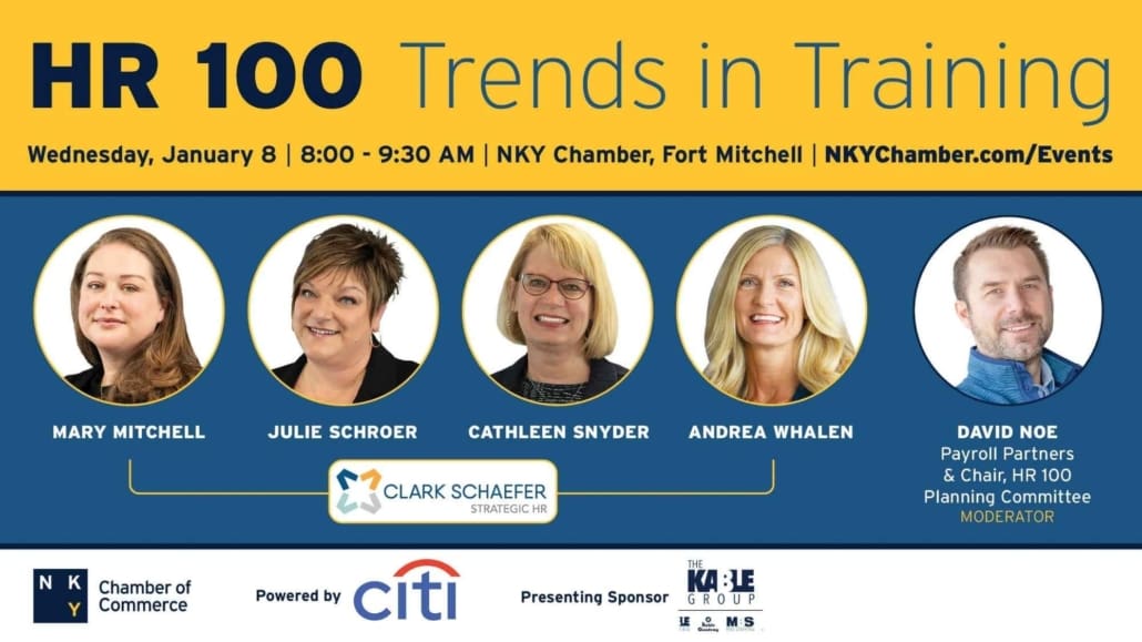 Promotional post for HR 100 Trends in Training, featuring Clark Schaefer Strategic HR's Mary Mitchell, Julie Schroer, Cathleen Snider, and Andrea Whalen.